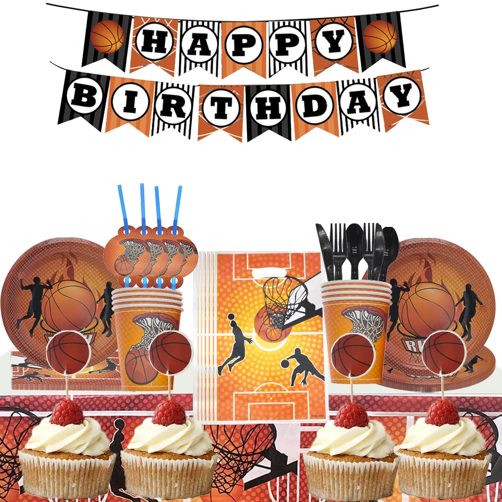 

110Pcs School Basketball Disposable Party Tableware Set Plate Cup Napkin Banner For Kids Party Anniversary Tableware Supplies