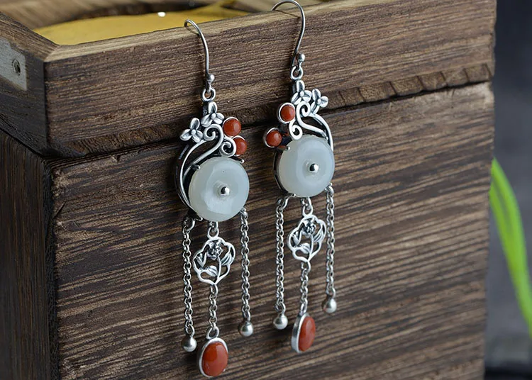 FNJ Hetian Jade серьги из 925 серебра,, Чистое Серебро S925 пробы, серьги-капли для женщин, ювелирное изделие, кисточка, красный агатовый цветок