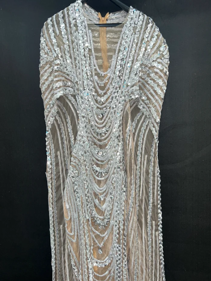 Shining Silver Sequins Crystals Transparent Long Trains Dress Outfit Evening Birthday Celebrate Sexy Dancer Performance Costume