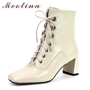 

Meotina Real Leather High Heel Short Boots Women Shoes Square Toe Chunky Heels Cross Tied Lady Ankle Boots Autumn Winter Black