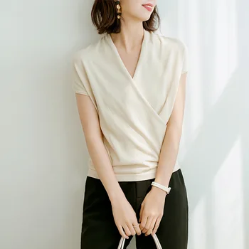 

Chic Basic Cross V-neck Pullover inside Bottoming Sweater Temperament Viscose Fiber Top Women's Loose T-shirt