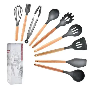 

9pcs Silicone Kitchenware Set Wooden Egg Beater knife fork Handle Non-stick Cooking Utensils Kitchen Cooking Tools Kitchenware