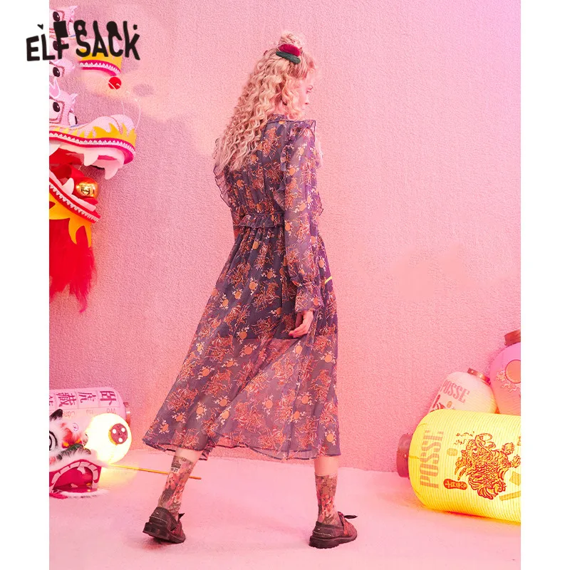 ELFSACK, синее, Kylin, с принтом, шифоновое, Повседневное платье, для женщин, зима, китайский стиль, с оборками, рукав, для офиса, для девушек, Базовые платья