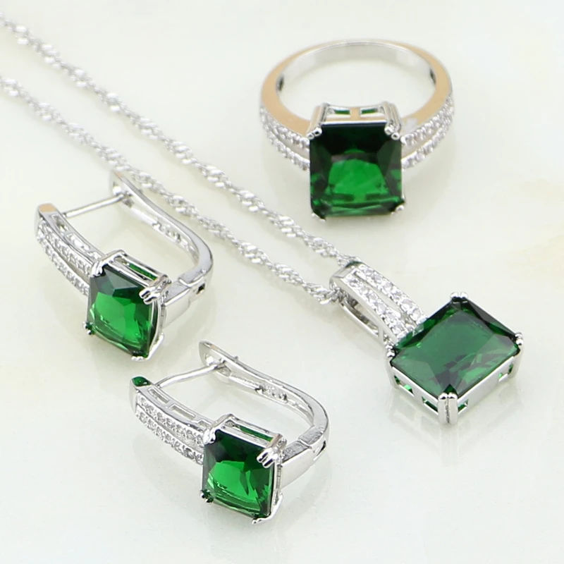 Natural Square Green Stones White CZ 925 Sterling Silver Bridal Jewelry