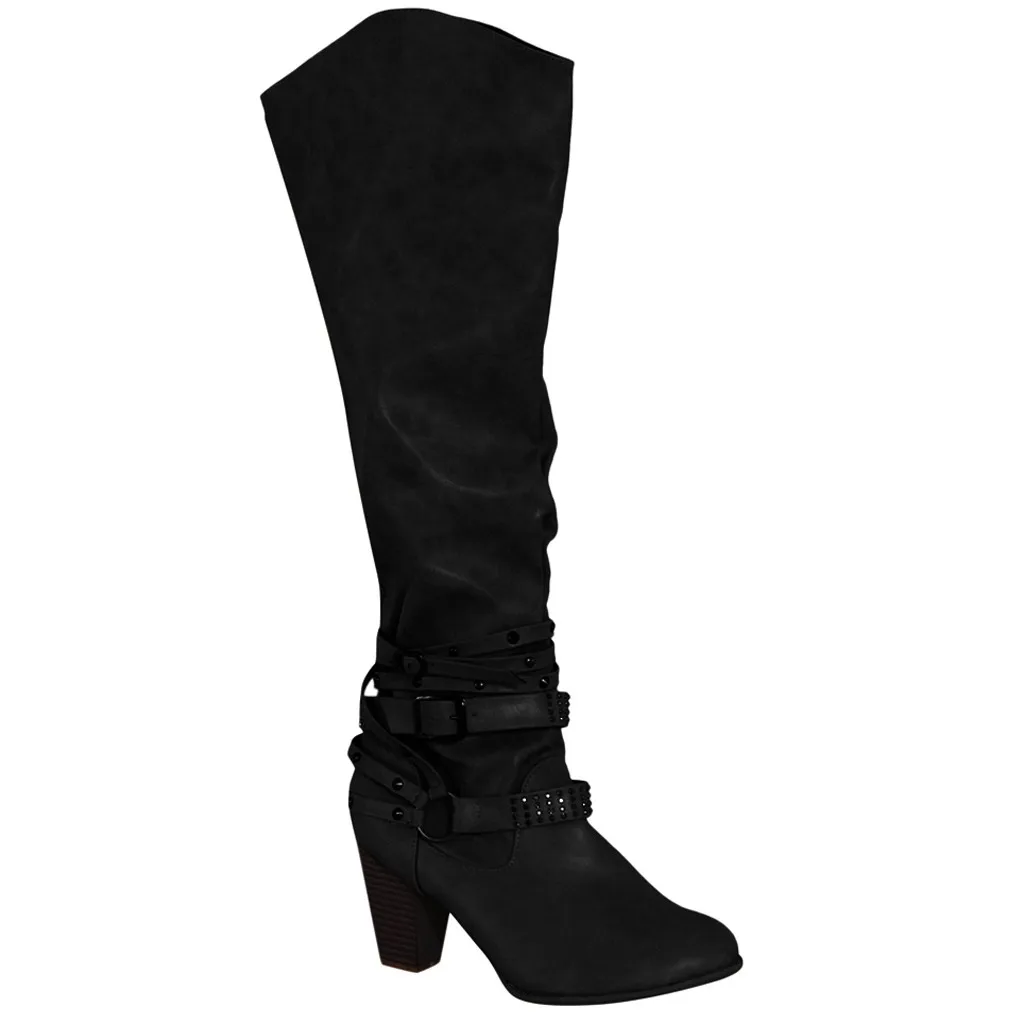 Spring Winter New Womens Leather Rivets Strap Knee-High Buckle Shoes Cowboy Wedges Slip-On Boots black shoes woman#O17