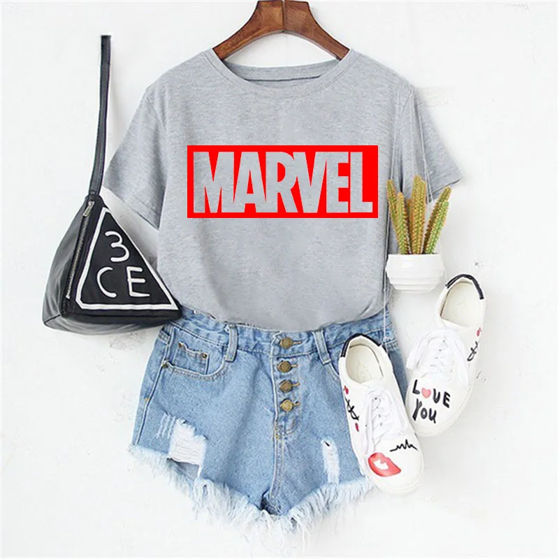 

LUSLOS 3Colors Women Tops T Shirt Marvel Print Short Sleeve Plus Size Tshirt Casual Tees White Tops Streetwear Women Clothes