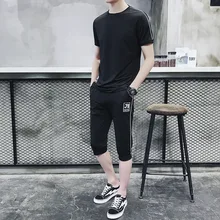 Стиль, модные дышащие Капри с вырезом лодочкой и коротким рукавом, мужской костюм, для бега, фитнеса, высокой эластичности, для тренировок