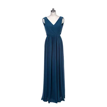 

Real Photo Elegant women Long saree Beads V-Neck Sexy Prom Blue V Neck Cheap Evening Gowns 2018 Mother of the Bride Dresses