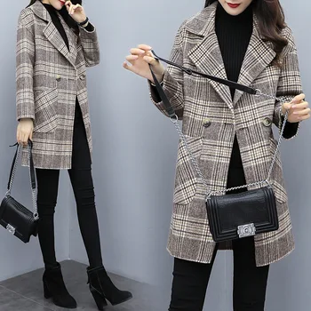 

2020 New Spring Women Coat Fashion Double-Breasted Houndstooth Women Long Sleeve Wool Coat Loose Coat Female Outerwear