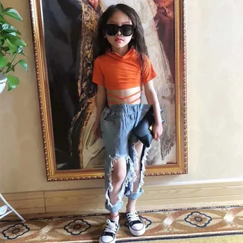 

DFXD Kids Clothes 2020 New Korean Summer Ripped Jeans For Girls Fashion Broken Hole Loose Denim Pants Children Jeans Trousers