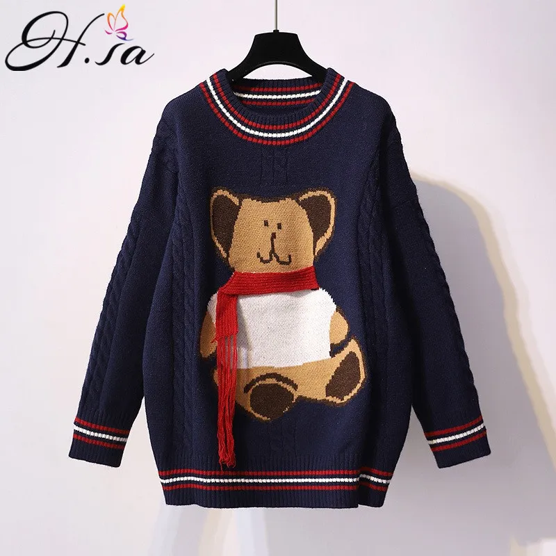 H.SA 2020 Women Long Sweater and Pullovers Cartoon Bear Embroidery Fashion Korean Jumpers Slim Cute Girls Winter Pull | Женская одежда