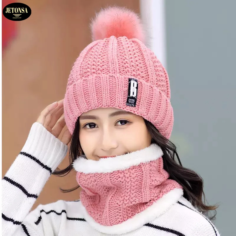 

Brand Winter knitted Beanies Hats Women Thick Warm Beanie Skullies Hat Female knit Letter Bonnet Beanie Caps Outdoor Riding Sets