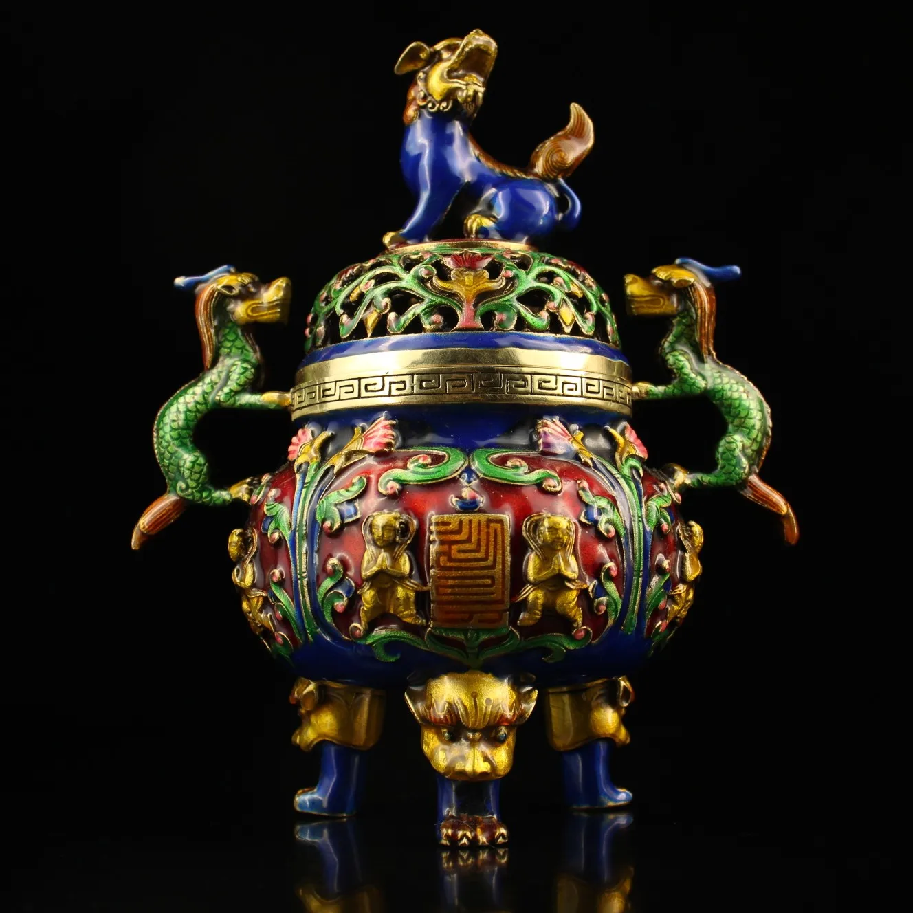 

9"Tibetan Temple Collection Old Bronze Cloisonne Enamel Lion statue Dragon Binaural Three-legged incense burner Gather wealth
