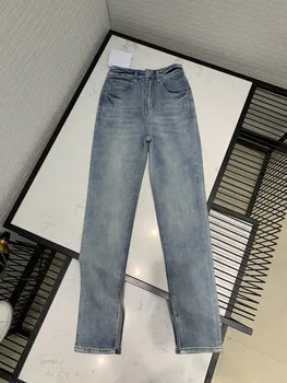 

High-end Design Casual Women Denim Pants 2020 Early Autumn Luxury Retro Street High Waist Slim Slit Washed Whiten Jeans Trousers