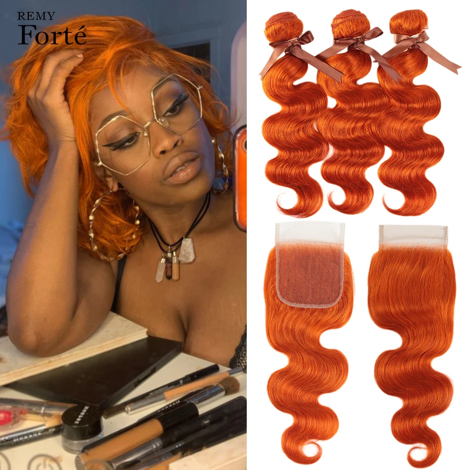 

Remy Forte Human Hair Bundles With Closure Blonde Orange Body Wave Bundles With Closure Peruvian Hair Weave Bundles Fast Europe