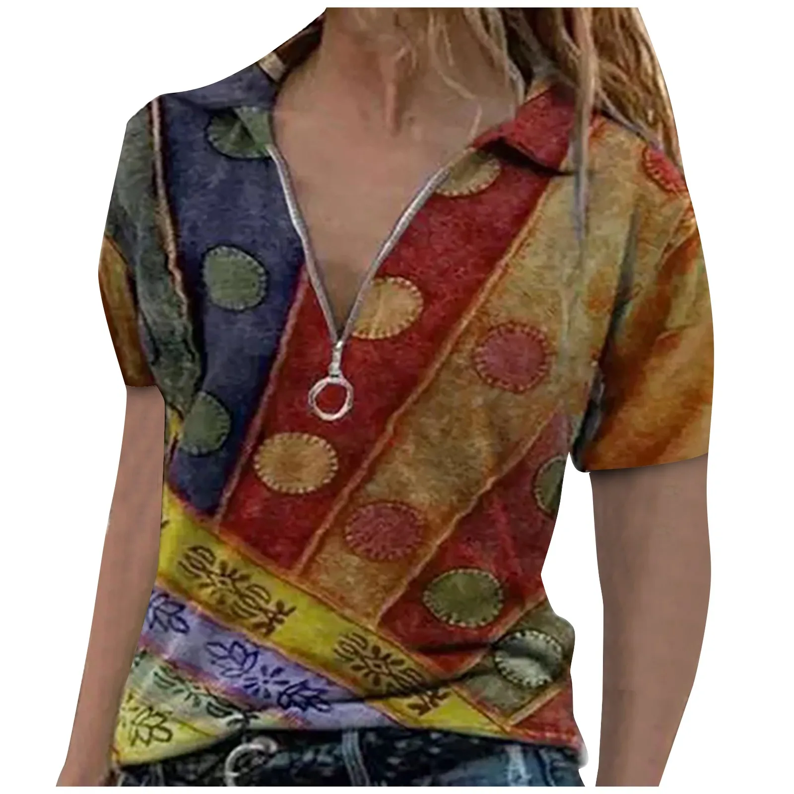 2020 Women Blouse Lapel Short Sleeve Shirt Women's Retro Print Short Sleeve Blouses Zip V-neck Urban Casual Pullover Tops#g30 2