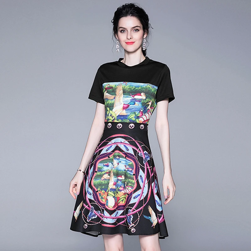 

HAMALIEL Fashion Summer Floral Print Patchwork Dress Vintage Women's Short Sleeve O Neck Female Dress Elegant Party Vestidos