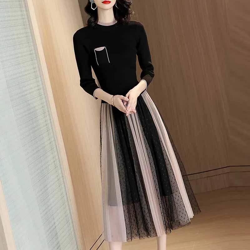 

Mock Two-Piece Dress 2019 Autumn New Style Fashion Knitted Joint Waist Hugging Gauze Pleated Casual Long Skirts