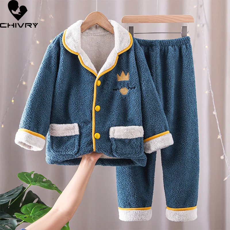 

New Kids Flannel Pajama Sets Boys Girls Autumn Winter Thicken Warm Home Wear Children Lapel Long Sleeve Sleeping Clothing Sets