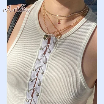 

ArtSu Harajuku Lace Up Sleeveless Crop Top Women White Tank Tops 2020 Ladies Black Vest Basic Tee Summer Streetwear ASVE21161