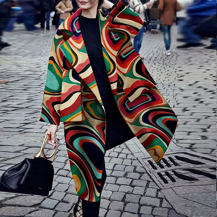 

2019 Women Fashion Lapel Printing Long Winter Wool Blend Coat Plus Size Long Sleeve Coat and Jacket Elegant Vintage Outerwear