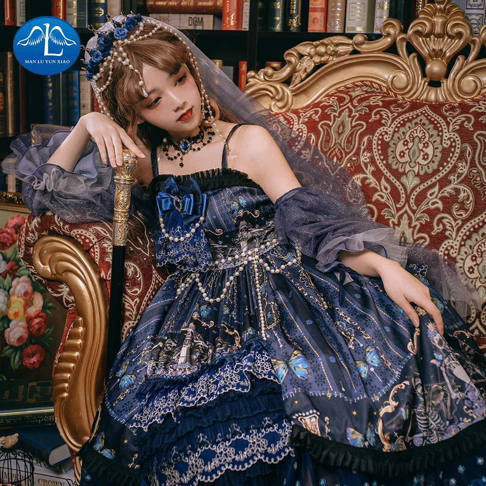 

New Arrive Summer Lolita Dress Japanese Kawaii Girl Moon Star Embroidered Victorian Dress Tea Party Gothic Lolita OP Loli Cos
