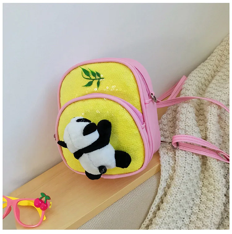 Mini PU leather Crossbody Bag for Little Girls Sequin Gillter School Handbags Teenagers Cute Panda Plush Backpack Pink Black Red (6)