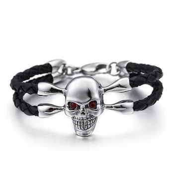 

Retro Double Layer Braided Leather Bracelets For Men 22cm Punk Stainless Steel Red Eyes Skull Charm Bracelet Biker Jewelry