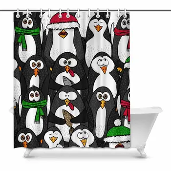 

Funny Cartoon Black Penguins Animals House Decor Shower Curtain for Bathroom Decorative Bathroom Shower Curtain Set with Rings,