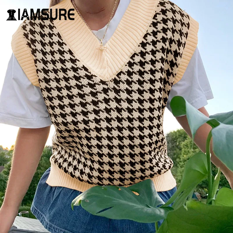 

IAMSURE 2020 Autumn Fashion Houndstooth Knitted Y2K Sweater Vest Vintage Female Clothes Women Casual Loose 90s Sweater Vest