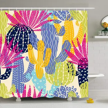 

Shower Curtain Set with Hooks 60x72 Sketch Cute Design Cactus Textile Colorful Pattern Happiness Botanical Nature Houseplant