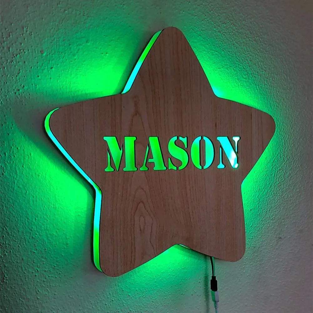 Personalized Star LED Night Light Custom Name Wood Wall Lamp for Kids Birthday Party Gifts Home Decor Adjustable Brightness