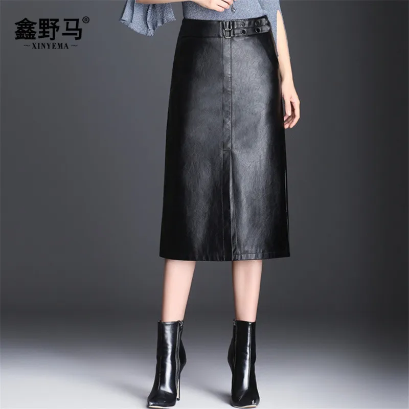 

Leather Skirt Skirt Mid-length 2019 Autumn New Style Black And White with Pattern High-waisted Sheath One-step Skirt A- line Ski