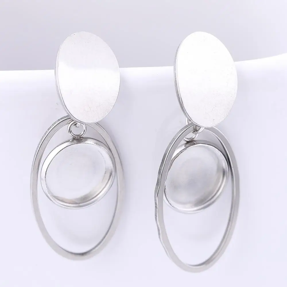 

6pcs Stainless Steel Stud Post Earring Findings 10mm Dia Round Cabochon Base Setting Blank Bezels With Oval Hoop Charms
