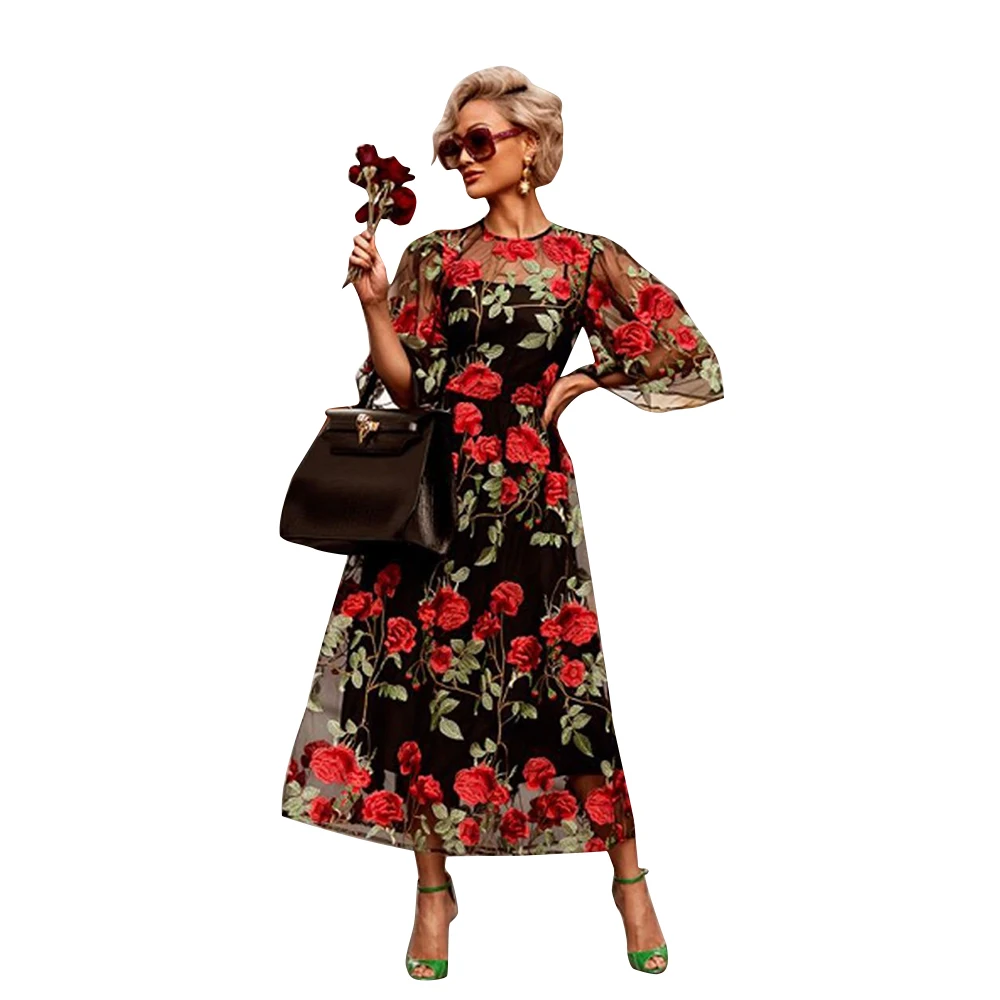 

Elegant Dress Winter Dresses Women 2019 Vintage Loose Floral Embroidery Ankle-Length Three Quarter O-Neck Plus Size Dress S-XXL