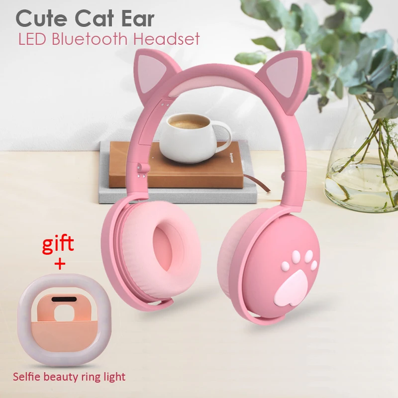 Cute Cat Ear Paw Headset Selfie Ring Light Glowing Wireless Bluetooth 5 0 Headphones Daughters Girls Gift Earphone with Mic