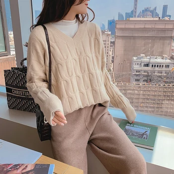 

On sale 2019 autumn winter Women Knitted V-neck Sweater Casual Soft Twisted Jumper Fashion Slim Femme Loose Pullovers