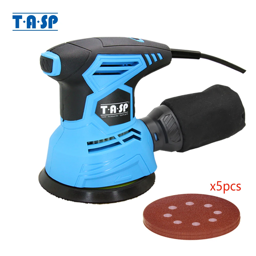 TASP 300W Random Orbital Electric Sander Machine Variable Speed Sanding Tools with Hybrid Dust Canister & 5pcs 125mm Sandpapers