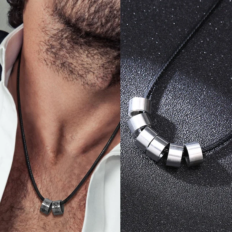 CUSTOMIZED NAME TUBE BEADS FOR MEN BRAIDED LEATHER NECKLACE PERSONALIZED FAMILY NAMES 2 TO 6 BEAD