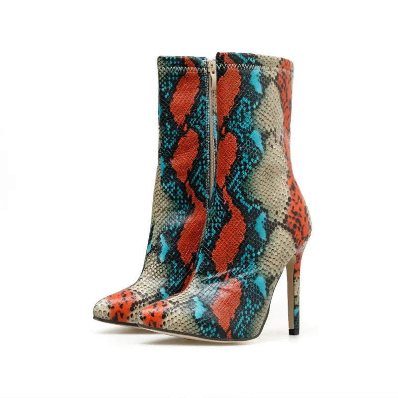 

Azmodo New Arrival Boots for Women Colorful Pattern Stiletto Boots Hot Popular over Ankle Zipper High Heel Boots Serpentine Boot