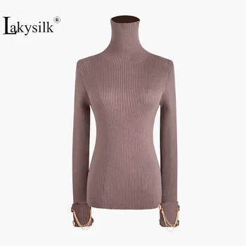 

Women Sweater Winter Vintage Turtleneck Knitted Solid Pullovers Female Solid Button Gold Chain Slim Sweaters Jumpers Black Brown