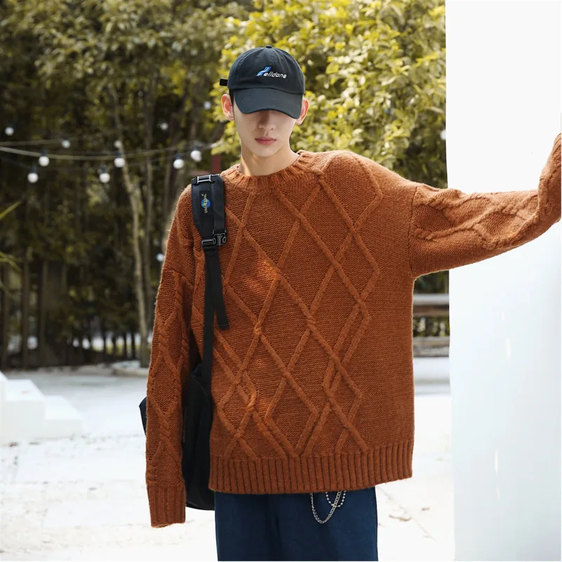 Autumn New Sweater Men Warm Fashion Solid Color Casual Plaid Pullover Men Streetwear Wild Loose Knit Sweter Man Clothes M-2XL