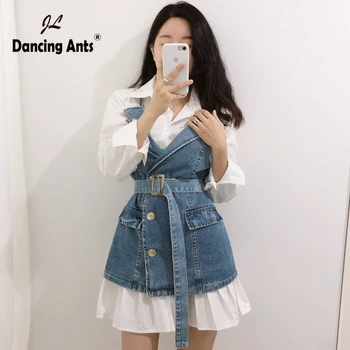 

Woman Skinny Dress Turn-down Collar Short Sleeve High Waist Slim Dresses Elegant Above Knee Dress With Denim Waistcoat