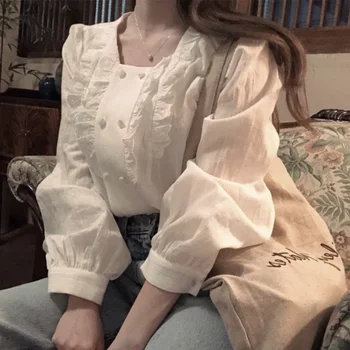 

Elegant Lace Square Neck Blouse Women Sweet Solid Ruffle Button Long Sleeve Blouses Female 2020 Spring Autumn Office Ladies Tops