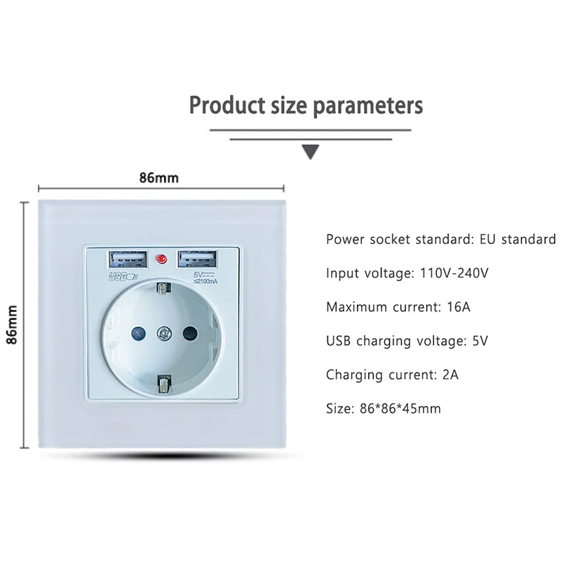 

Power socket dual port USB 5V 2A charging home wall sticker installation AC110V 220V 16A socket