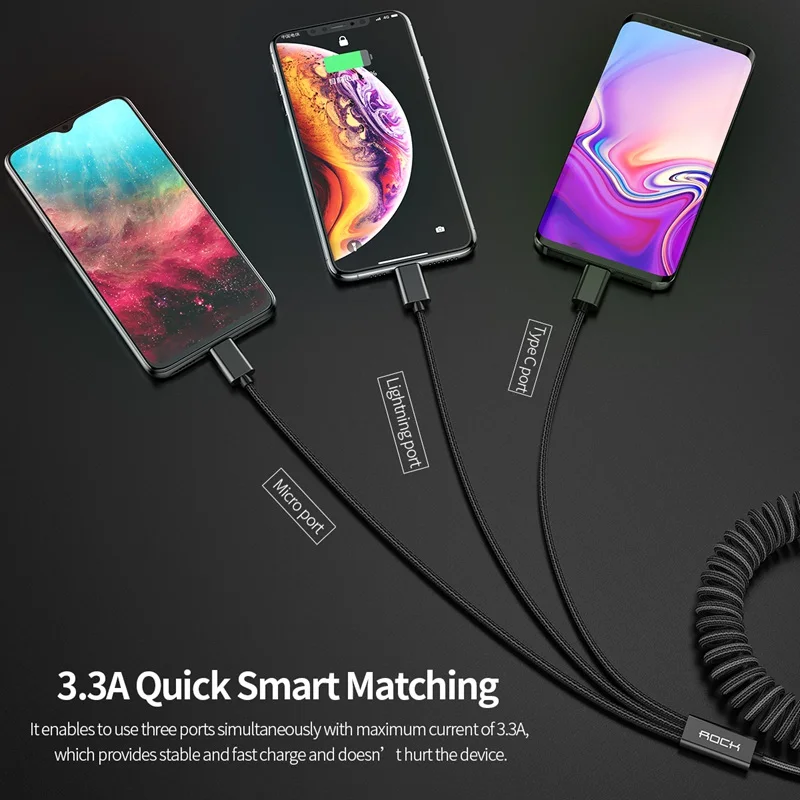 ROCK 3 в 1 USB кабель системы освещения type-C Micro Usb кабель 3.3A Быстрая зарядка масштабируемый нейлоновый пружинный шнур для iPhone huawei samsung