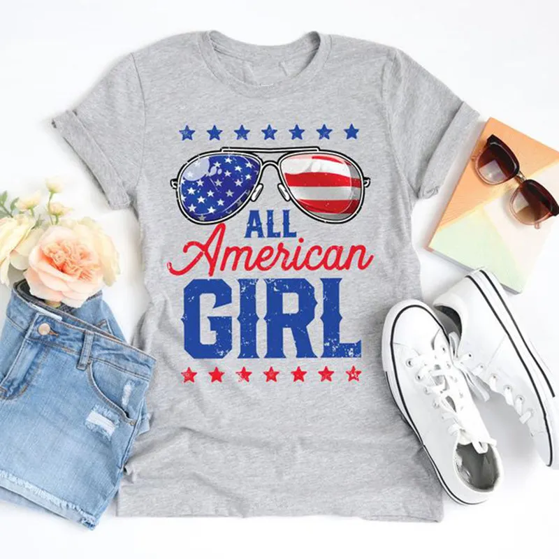 Women Sunglasses All American Girl Print Slogan Summer Aesthetic Tee Short Sleeve Top Funny Letters Soft Casual T-Shirt | Женская одежда