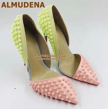 

ALMUDENA Yellow Pink Rivets High Heel Shoes Pointed Toe Patchwork Studded Dress Pumps Runway Fashion Stiletto Heels Party Shoes