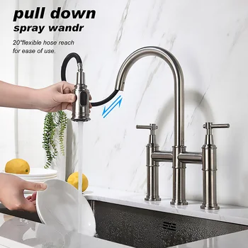 

Kitchen pull-down sprayhead Bridge Faucet Bathroom Hot Cold Water Dual Handles Metal Faucet