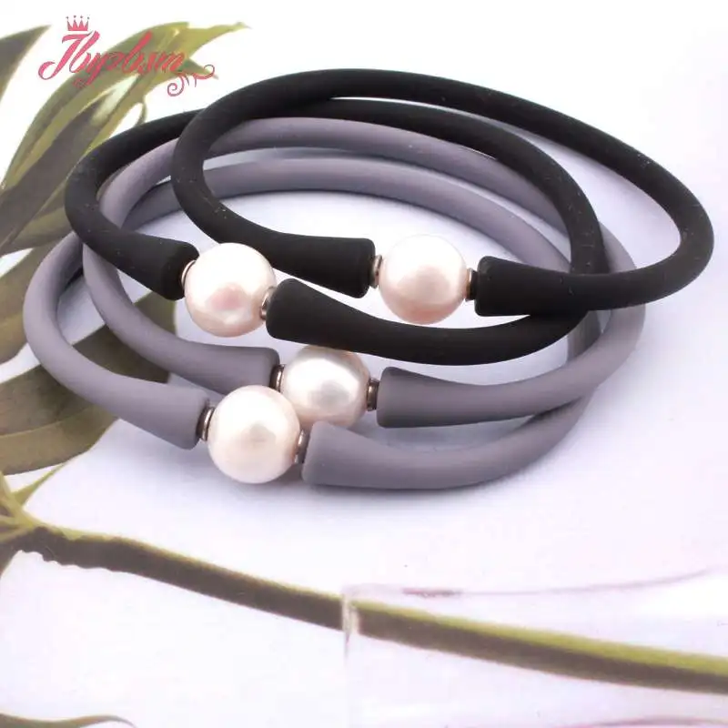 

10mm Round Freshwater Pearl Silicone Bracelet Stone Beads Casual Waterproof for Women Men Powerful Bangle Bracelet 1 Pcs